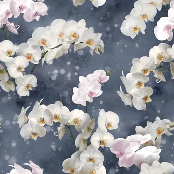 Velurová potahová látka s potiskem, Orchideje Bílé na Šedém