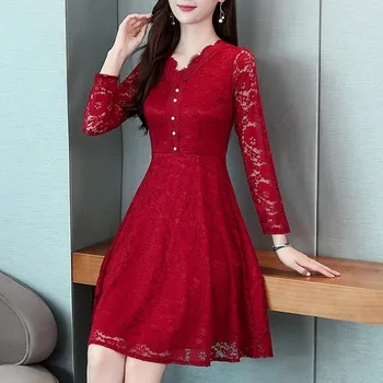 Dámské šaty Čína Elegantní společenské šaty s dvojvrstvým efektem a krajkou Barva: vínová (Long Sleeve-Claret-C), Velikost: XXL