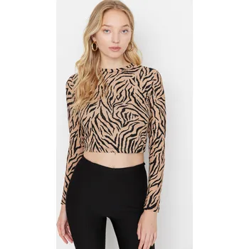 Dámská móda Trendyol Vícebarevná vzorovaná vypasovaná / situovaná posádka krk Crop strečová pletená halenka Trendyol krémová 1713562