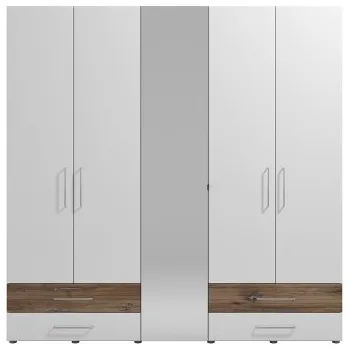 Šatní skříň Pětidveřová šatní skříň se zrcadlem Lilo-bílá/dub flagstaff - s rámem
