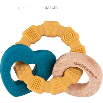 GiliGums Kousátko na kroužku srdíčko dřevo silikon 0+ žlutá