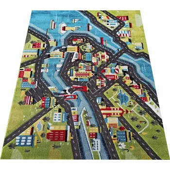 Koberec Makro Abra Dětský kusový koberec Uličky Color Kids 03 Ceta Domy Řeka Lodě zelený modrý Rozměr: 300x400 cm
