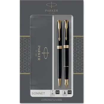 Luxusní plnící pero+kuličkové pero,PARKER Sonnet Matte Black GT Duo Set Černo zlatá+kožené pouzdro