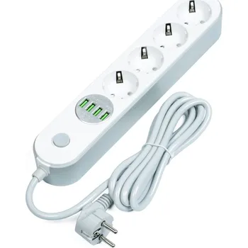 Prodlužovací kabel Prodlužovací kabel 4 zásuvky + 4 USB, 1,8m, přepěťová ochrana