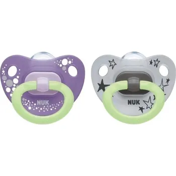 Dudlík silikový 2ks zkosený svítící kroužek s pouzdrem - HAPPY NIGHTS s fialovou - 0-6měs.