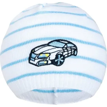 Kojenecká čepice Jarní čepička New Baby s autíčkem bílo-modrá, Velikost 86/92