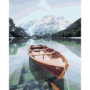 Diamondi Diamantové malování - DŘEVĚNÁ LOĎKA NA ALPSKÉM JEZEŘE Rozměr: 40x50 cm, Rámování: vypnuté plátno na rám