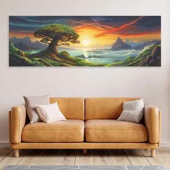 Obraz Obraz na plátně - Košatý strom života horské panorama FeelHappy.cz Velikost obrazu (šířka x výška): 60 x 20 cm