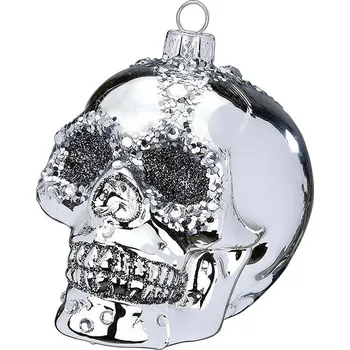 Vánoční dekorace LAALU Vánoční ozdoby - lebka s glitry, stříbrná, 9 cm