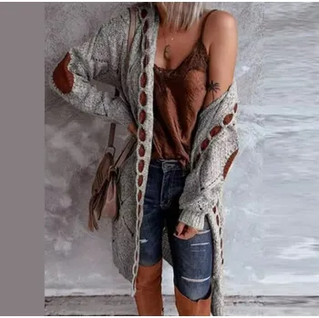 Dámský svetr Designový dámský dlouhý cardigan - pletený se vzorem Barva: Šedá, Velikost: XXXL