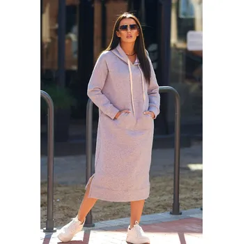 Dámské šaty Fashionweek Teplákové dlouhé zateplené šaty s kapucí K9623 Barva: šedý, Velikost: Universal