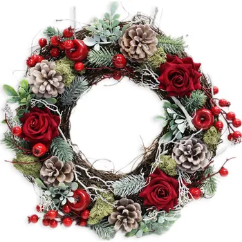 Vánoční dekorace Věnec růže šišky vánoční 34cm