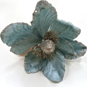 umělá květina Květ magnolie sametový LUX - sv.modrý glitr - 15 cm