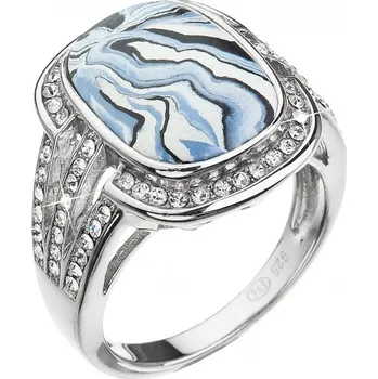 Prsten Stříbrný prsten obdélník modrobílý mramor se Swarovski krystaly 75015.1 velikost 52