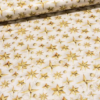 ubrus Polyesterové plátno vánoční J-GOLD 22379-1001 zlaté hvězdy a kuličky na smetanové , š.150cm (látka v metráži)