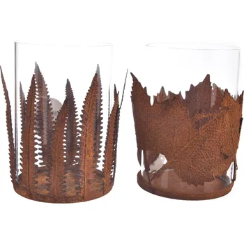 Svícen Svícen sklo/kov list rezavý 10x10x15cm 2ASS