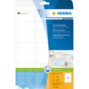 Fotopapír Herma Premium Labels 5029, A4, adresa, bílá, 63,5 x 38,1 mm, matný papír, 525 ks (5029)