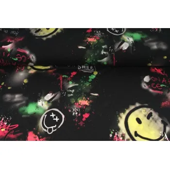 Elastická teplákovina nepočesaná, potištěná, vzor smajlík, látky, metráž, šíře 180cm