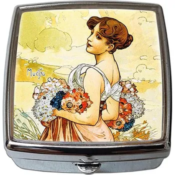 Kosmetické zrcátko Plumeria Plu - Krabička na tablety lékovka-pilulník se zrcátkem A. Mucha Léto - 54x58x18 mm