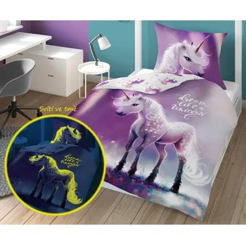 Povlečení Detexpol Jednorožec snění svítící 140 x 200, 70 x 80 cm zipový uzávěr