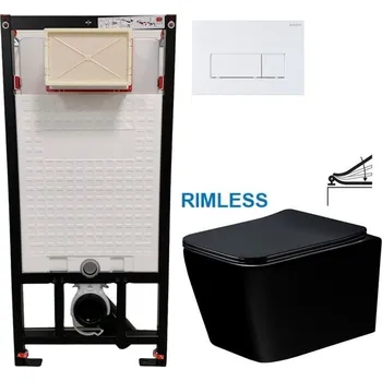 Klozet DEANTE Podomítkový rám, pro závěsné WC mísy + SLIM tlačítko bílé + WC MEXEN TEO ČERNÁ Rimless + SEDÁTKO CST_WC01 A51P ME02