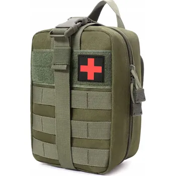 Lékárnička VOJENSKÁ TAKTICKÁ lékárnička ZDRAVOTNÍ KAPSA NA LEDVINY, MOLLE zelená (Vybaveno mnoha vnitřními popruhy a přihrádkami, poskytuje dostatek prostoru pro léky, doplňky první pomoci, jako jsou obvazy, obvazy, pilulky, malé nůžky, pásky, léky. Má vnější pásky