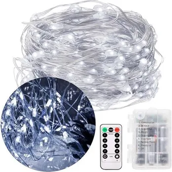 Vánoční dekorace Springos vánoční světýlka řetěz na drátku studená bílá 50 mikro LED dálkové ovládání