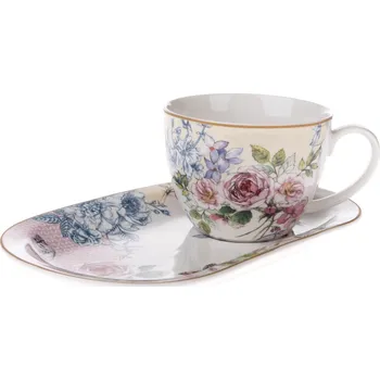 Porcelánový hrnek s podnosem Roses, 445 ml, růžová