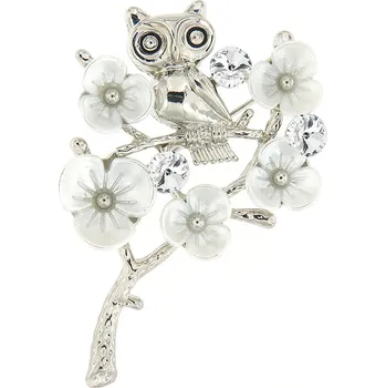 Brož Brož - rozkvetlý strom se sovičkou, stříbrné barvy