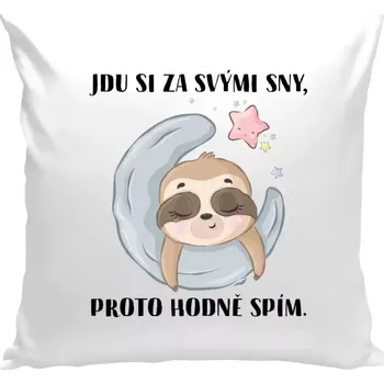 Polštář Polštář pro milovníky líných hlášek - Jdu si za svými sny, proto hodně spím - bílá 40 × 40 cm