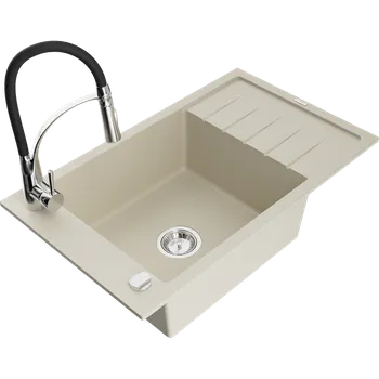 Granitový dřez Mexen Elias granitový dřez 1-komorový s odkapávačem a kuchyňskou baterií Aster, béžový - 6511-69-73450-07 Granitové dřezy s baterií