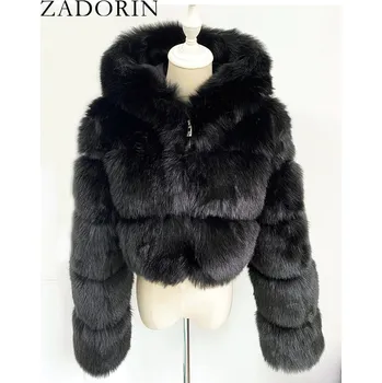 Dámský kožich Krátký kožich chlupatý s kapucí a dlouhým rukávem Barva: Černá, Velikost: M