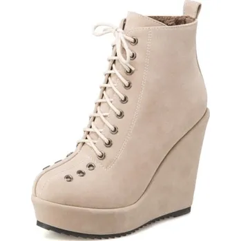 Dámské kozačky Semišové kotníkové boty na klínovém podpatku GoodDayGirl Fashion Barva: Aprikotová, Velikost: 36