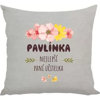Polštář Polštář lněný 40x40 cm Nejlepší paní učitelka - růžové květy