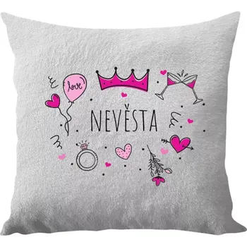 Polštář Polštář bílý 40x40 cm - dlouhý chlup Nevěsta - růžové ikonky