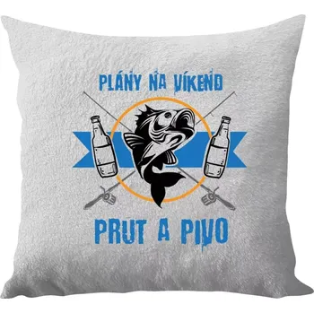 Polštář Polštář bílý 40x40 cm - dlouhý chlup Plány na víkend - prut a pivo