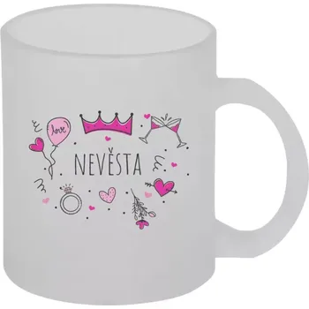 Hrnek 330 ml - skleněný matný Nevěsta - růžové ikonky