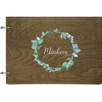 Fotokniha Dřevěné album se sponami Modrozelené lístečky s příjmením