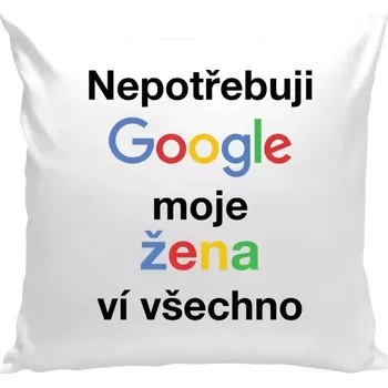 Polštář Polštář bílý 40x40 cm Nepotřebuji Google, moje žena ví všechno