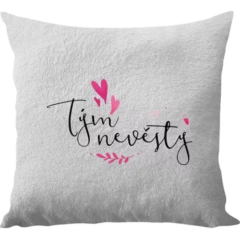 Polštář Polštář bílý 40x40 cm - dlouhý chlup Tým nevěsty - srdíčka a lístečky