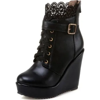Dámské kozačky Kotníkové boty s krajkou na klínku GoodDayGirl Fashion Barva: Černá, Velikost: 36