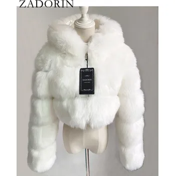Dámský kožich Crop kožich s kapucí krátká kožešinová bunda Barva: Bílá, Velikost: L