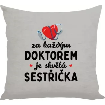 Polštář Polštář lněný 40x40 cm Za každým doktorem je skvělá sestřička