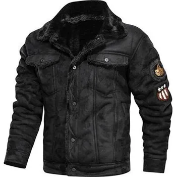 Pánský zimní kabát Kožená pánská bunda zimní s nášivky, kapsami a fleecem Barva: Černá, Velikost: M