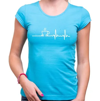 Pánské oblečení Tričko - EKG káva, Barva látky tyrkysová modrá, Střih Dámsky, Velikost XS