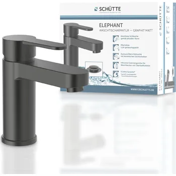Sprchový set SCHÜTTE umyvadlová baterie ELEPHANT s výsuvným odpadem, koupelnová baterie s výpustí, matný grafit | 34212