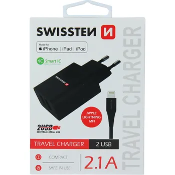 Swissten síťový adaptér smart ic 2x usb 2,1a power + datový kabel usb / lightning mfi 1,2 m černý