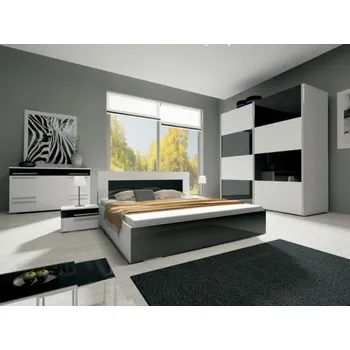 Postel Manželská postel s matrací HENRIETA - bílá / černý lesk