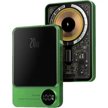 Powerbanka Ultratenká průhledná hliníková MagSafe Powerbanka s LCD displejem 10000mAh 20W Barva: Zelená