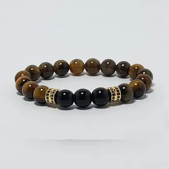 Náramek Pánský náramek z minerálů 10 mm - tygří oko, černý onyx a mosaz s zirkóny (Micro Pave)Z10P7